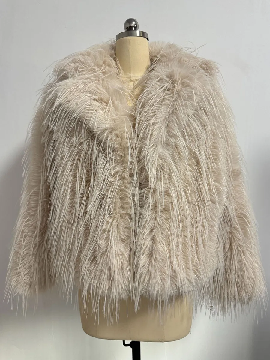 Faux Fur Coats Long Sleeves Chic Turndown Collar Light Gray Winter Coat